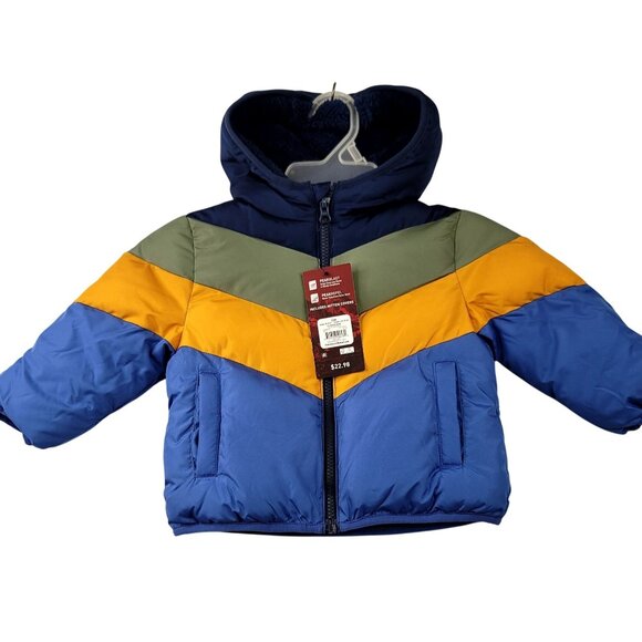 Swiss Tech 12M Boys Puffer Jacket Hood Mitten Covers Blue Yellow Green Peaks - Picture 1 of 7